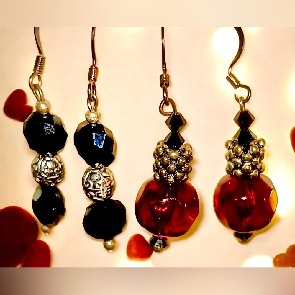 2 Pairs Of Earrings Black Red & Silver
